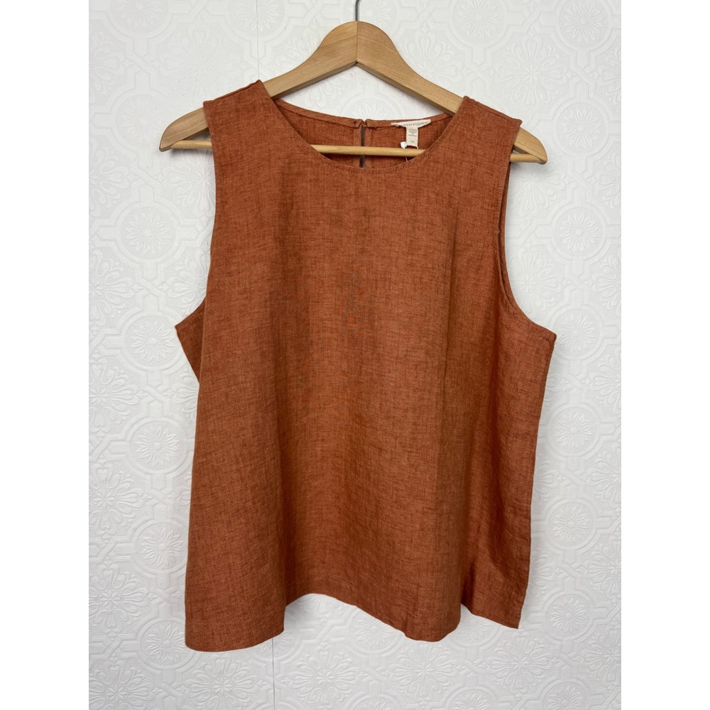 Eileen Fisher Organic Linen Shell Top Round Neck Keyhole Back Terracotta Large - Picture 4 of 8